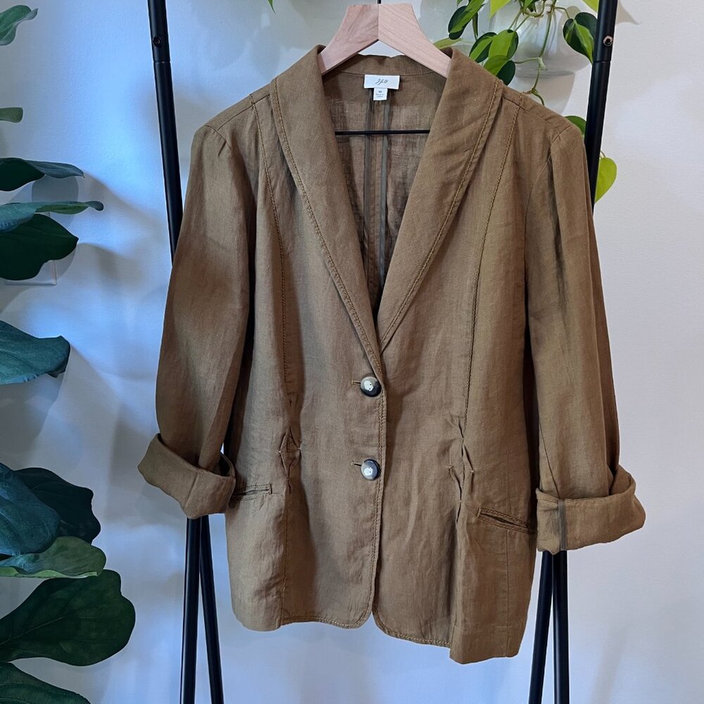 J.Jill 100% Linen Blazer Jacket M Brown Textured Button Front Ruched Detail - Picture 2 of 10